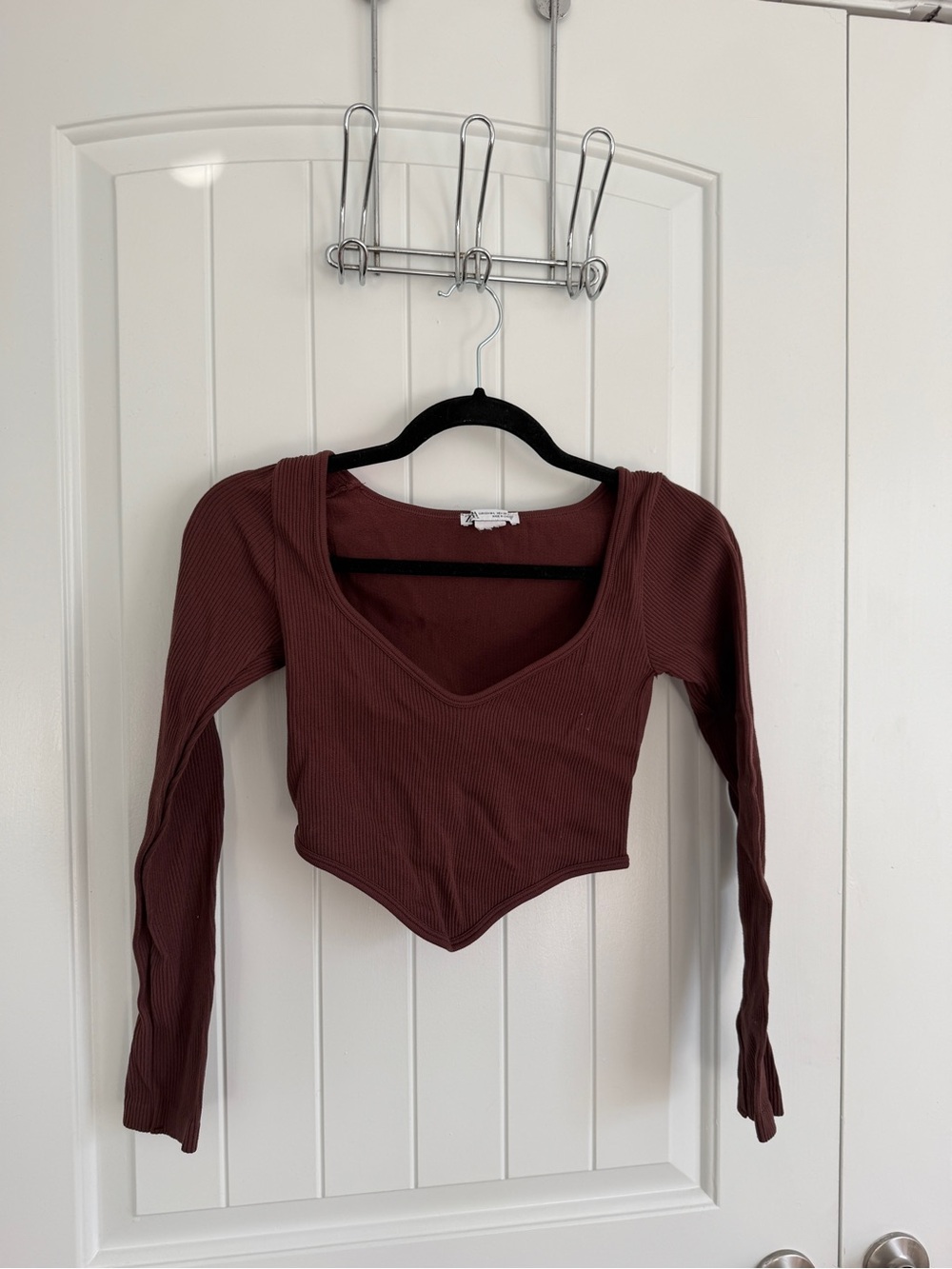 ZARA Long Sleeve V-Neck Pointed Hem Ribbed Top - Brown